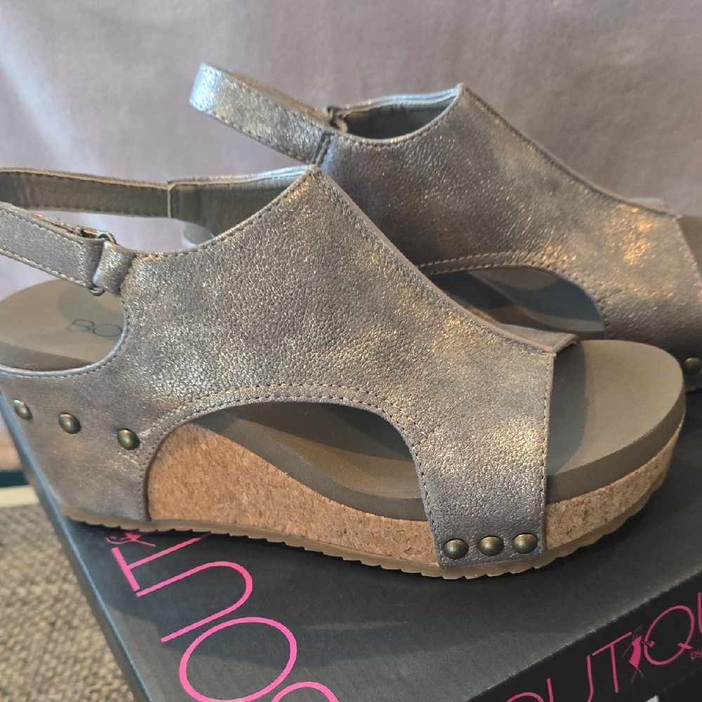 Corkys Metallic Pewter Wedge Sandals - Picture 4 of 9